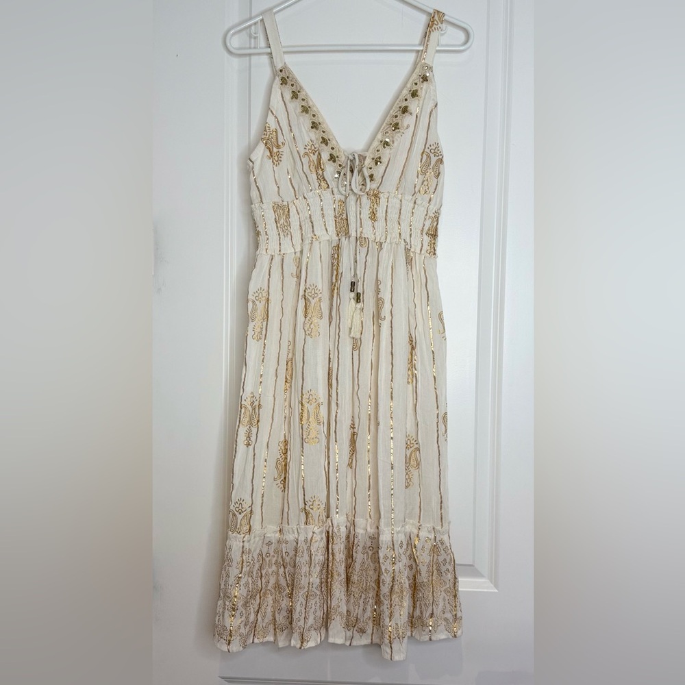 Anthropologie Me 2 Magic Cream and Gold Bohemian Dress Womens Size L NWT